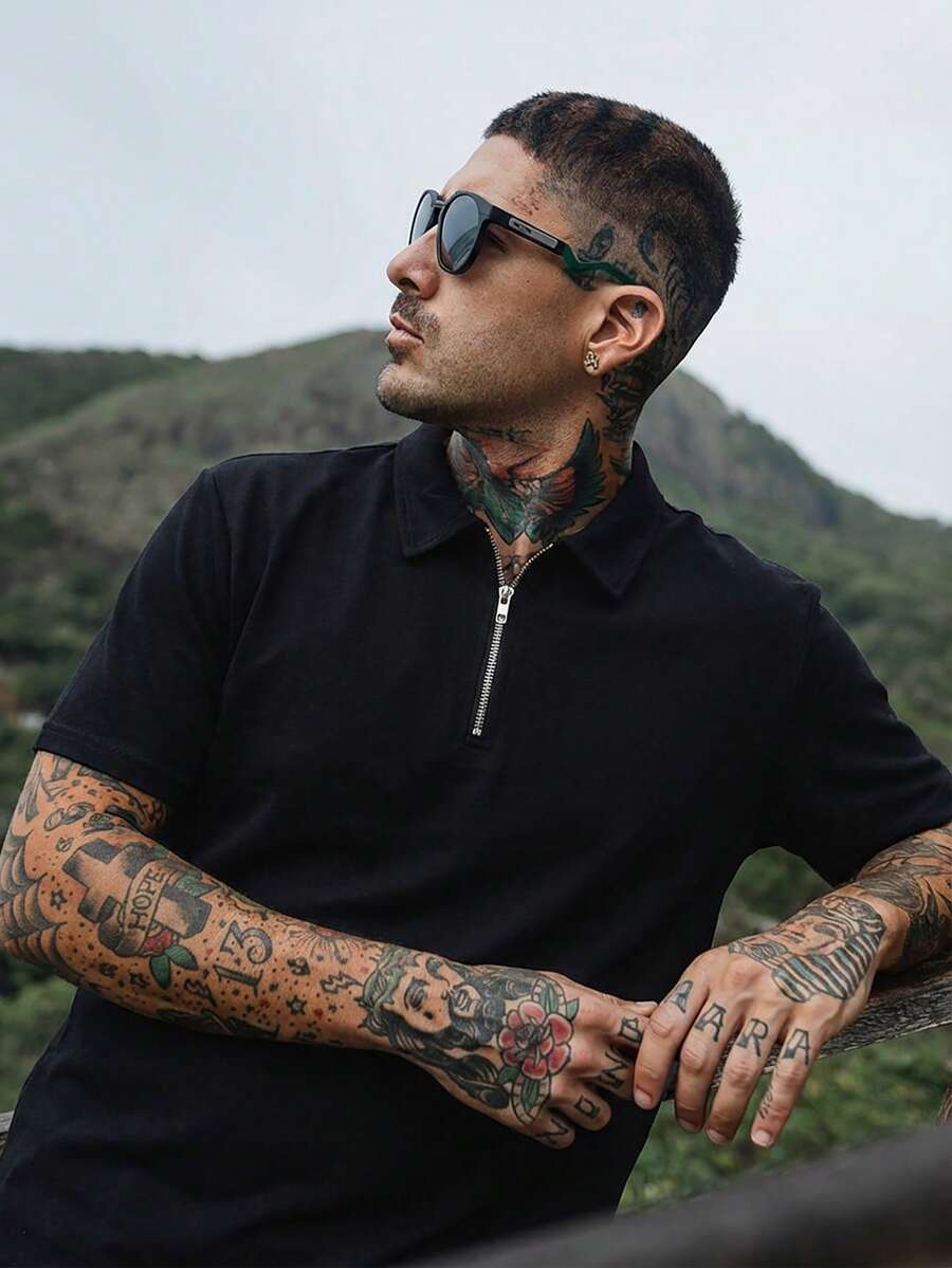 Men's Solid Color Half-Placket Casual Versatile Commuting Short Sleeve Polo Shirt - Black - View 1