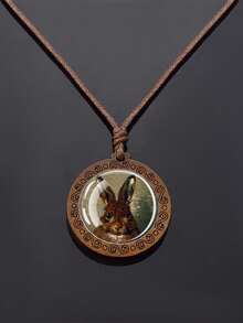 1PC Animal Themed Rabbit Pattern Dome Glass Inlaid With Retro Texture Design Wooden Pendant Necklace, Paired With A Rope Chain, Suitable For Daily Wear Or As A Holiday Gift. - Chocolate Brown - View 8