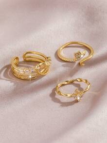 3pcs Set Gold Cubic Zirconia Heart & Cross Adjustable Rings, Luxury Crystal Rings For Women - Gold - View 2