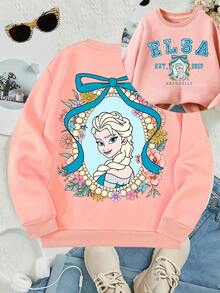 This Disney Girls' Sweatshirt Features A Creative Double-Sided Print Of The Disney Elsa Princess Lettering And Cartoon. It's A Round Neck Sweatshirt Suitable For Autumn And Winter, Made Of Soft And Comfortable Fabric, Perfect For Everyday Wear, Shopping, School, And Casual Occasions. It Also Makes A Wonderful Gift. - Pink - View 1