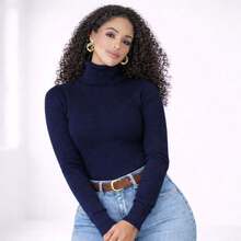 Women's High Neck Turtleneck Sweater In Elastane Knit - 藏蓝色 - 查看 1