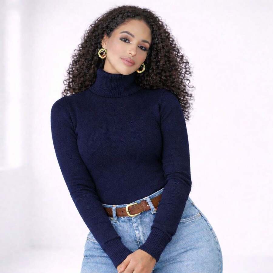 Women's High Neck Turtleneck Sweater In Elastane Knit - 藏蓝色 - 查看 1