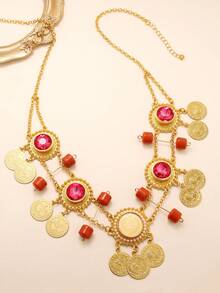 1件阿拉伯金币流苏项链，女士时尚亚克力宝石水晶花朵新娘婚礼首饰 - 金黃色 - 查看 4