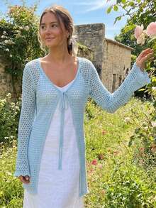 Women Crochet Cardigan Lightweight Tie Front Hollow Out Long Sleeves Summer Knit Cover Cardigans - 如圖所示 - 查看 4