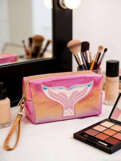 1pc Large Capacity Makeup Bag With Embroidered Mermaid Tail Pattern, PU Laser Holographic Multicolor Zipper Pouch, Suitable For Travel, Home, Wedding, Graduation, Thanksgiving, Mother's Day, New Year Gifts For Women