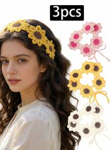 1/3pcs Handmade Crochet Sunflower Flower Hollow Headband, Delicate Floral Headscarf Suitable For Women's Daily Wear, Outings, Vacations, Music Festivals And Casual Outfits Summer Hair Accessories Beach Hair Band - Multicolor - View 7