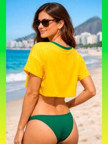 Women's Cropped Tropical Brazil Blouse, Casual Short Top, Soft Touch, Round Neck - 黃色 - 查看 2