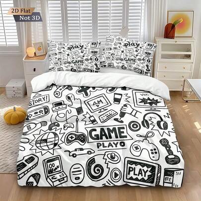 3pcs Set (1 Duvet Cover + 2 Pillowcases, No Filler), Creative Cool Game Controller Printed Bedding Set, Soft & Skin-Friendly, Suitable For All Seasons. Available In Multiple Sizes Including Oversized, Suitable For Hotels, Bedrooms, Rooms, Dorms, Etc. Zipper Closure, Machine Washable, Excellent Bedroom Decor, Also Suitable As A Gift.