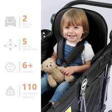 Kinder King Wagon Stroller For 2 Kids, All-Terrain Foldable Outdoor Stroller Wagon 2 Seater, Removable Canopy, Adjustable Handle, Shock-Absorbing Wheel, Detachable Tray, Large Storage, All Black - All Black - View 3