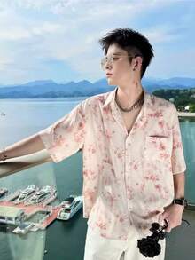 Couple Set Summer Personalized Color Shirt, Men's Hawaiian Vacation Ice Silk Quick Drying Floral Shirt - Pink - View 2