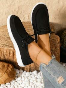 1 Pair Women's Slip-On Canvas Loafers, Comfort Lightweight Anti-Slip Round Toe,Casual Sports Anti-Slip Women Shoes, Suitable For Daily Wear - màu đen - Xem 5