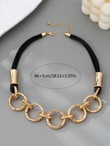 1pc Fashionable Punk Style Multi-Layer Black Wax Rope Geometric Circular Pendant Necklace, Suitable For Women's Casual, Holiday, Party Outfit - Golden/black - View 4