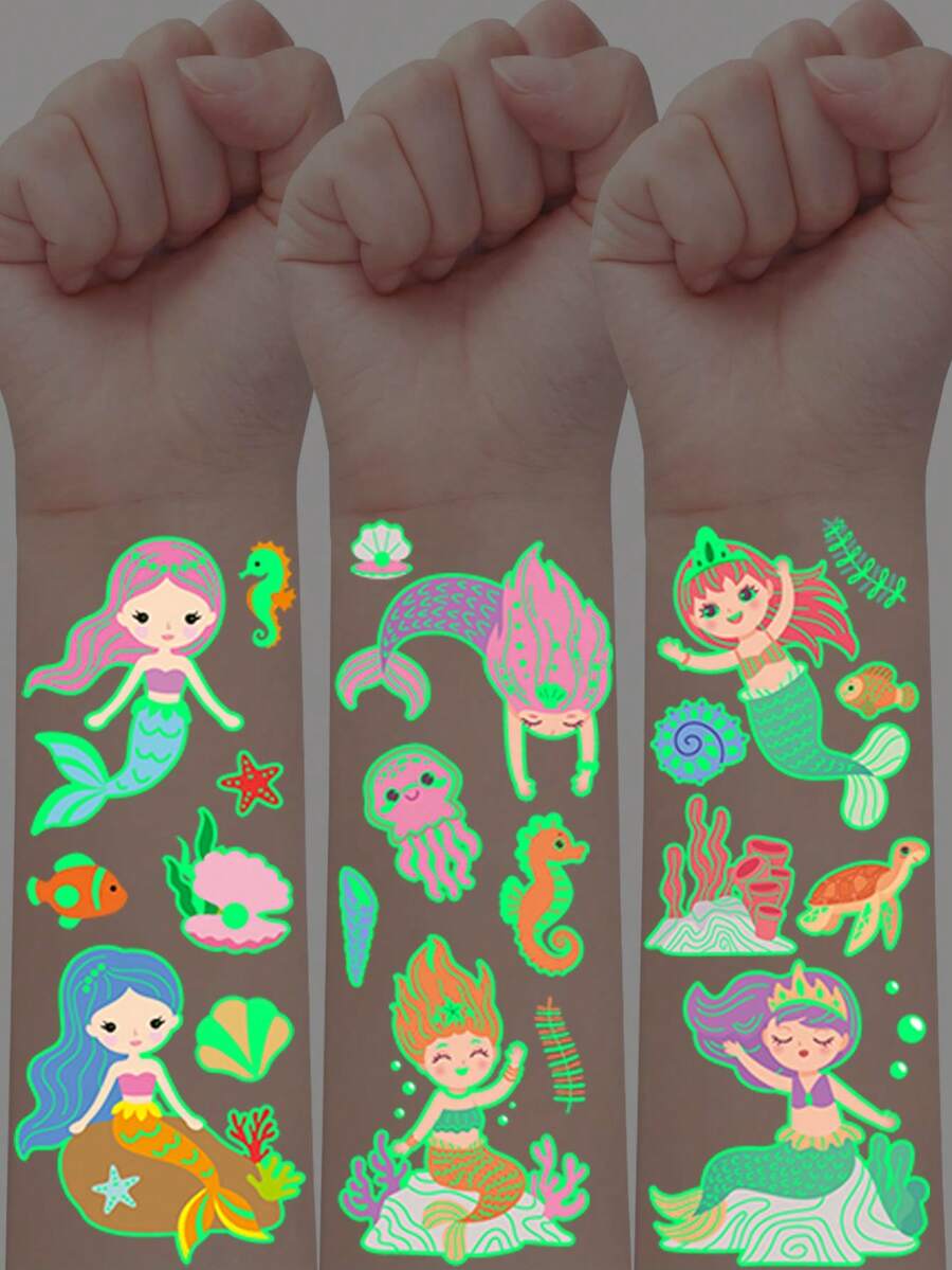 12Pcs Glow-In-The-Dark Luminous Tattoo Stickers From The Mermaid Series, Shining In The Dark, Featuring 130 Cartoon Mermaids And Underwater Creatures, Artistic Waterproof Fun Temporary Tattoos, Perfect Birthday Party Gift - Multicolor - View 1