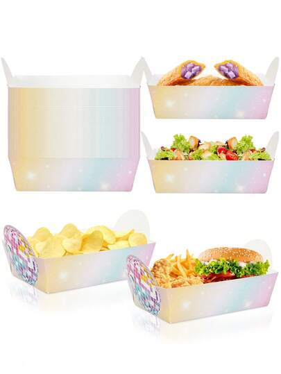 10pcs/30pcs/50pcs Rainbow Disco Ball Disposable Paper Food Trays Gradient Pastel Pink Purple Snack Boats Nacho Taco Serving Trays For Purple Disco Birthday Party Decorations Supplies