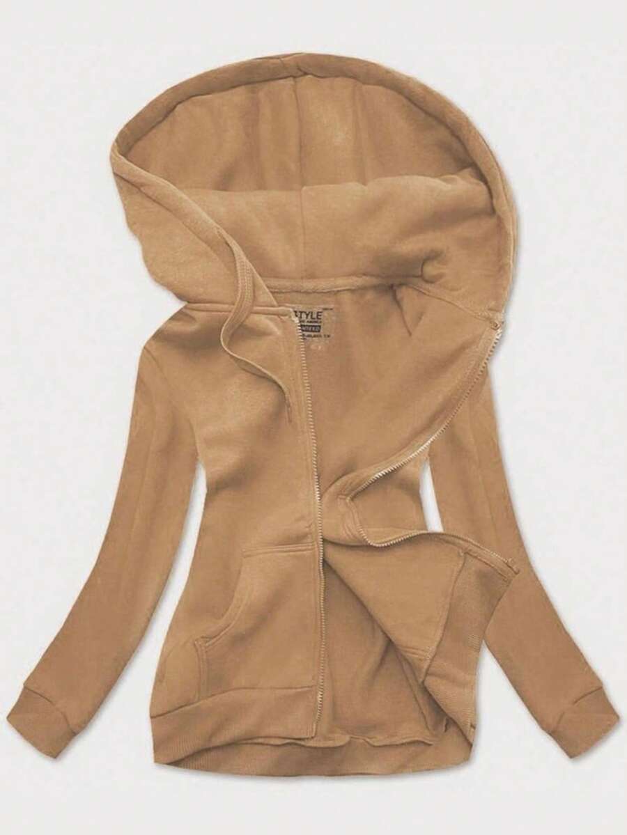 Blusa de moletom esportiva feminina, Blusa de moletom esportiva, Com zíper, Comprimento até o quadril, Punhos e barra canelados, 2 bolsos, Modelagem solta, Básica, Primavera/Outono - Caqui - Ver 1