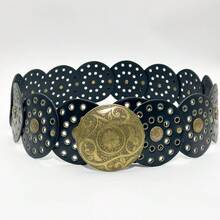 波西米亚风腰带，复古西部风格个性化腰带，女士夸张镂空圆形皮带 - 棕色 - 查看 18