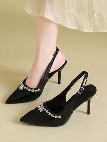 Zapatos de tacón alto y puntera afilada, sexy. Zapatos de tacón alto elegantes y versátiles con tira de strass y sin talón, en color negro. Zapatos de tacón alto finos y elegantes de estilo francés, en color albaricoque, para primavera/verano - Negro - Ver 4