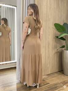 Long Dress With Three Tiers, Comfortable Viscose/Lycra Knit, Casual And Elegant, Ruffled Hem, Modest Style, Short Sleeves. - 巧克力棕 - 查看 3