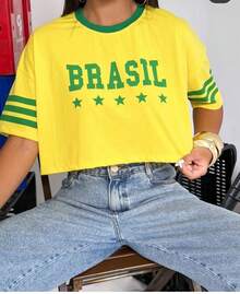 Brazilian Women's Casual Cropped Top To Rock At The 2026 World Cup. - 黃色 - 查看 3