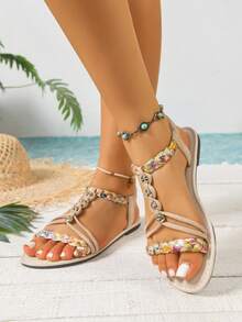 女士波西米亚风彩色编织松紧带平底凉鞋，舒适百搭休闲优雅凉鞋，户外性感奢华沙滩平底凉鞋 - 米色 - 查看 7