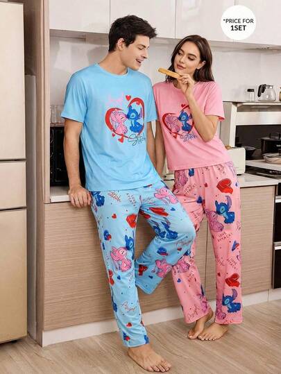 Disney Bộ 2 món dành cho nữ, áo tay ngắn in họa tiết dễ thương và quần dài mặc nhà mềm mại thoải mái, thích hợp cho ngày Valentine.