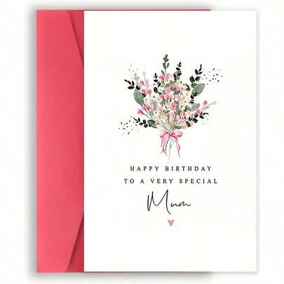 1pc Floral Birthday Card For Mom With Envelope - "Happy Birthday To A Very Special Mum" Message, Elegant Hand-Drawn Flowers Design, Ideal For Mother's Day Or Birthday Celebrations, Mother's Day Gifts For Mom