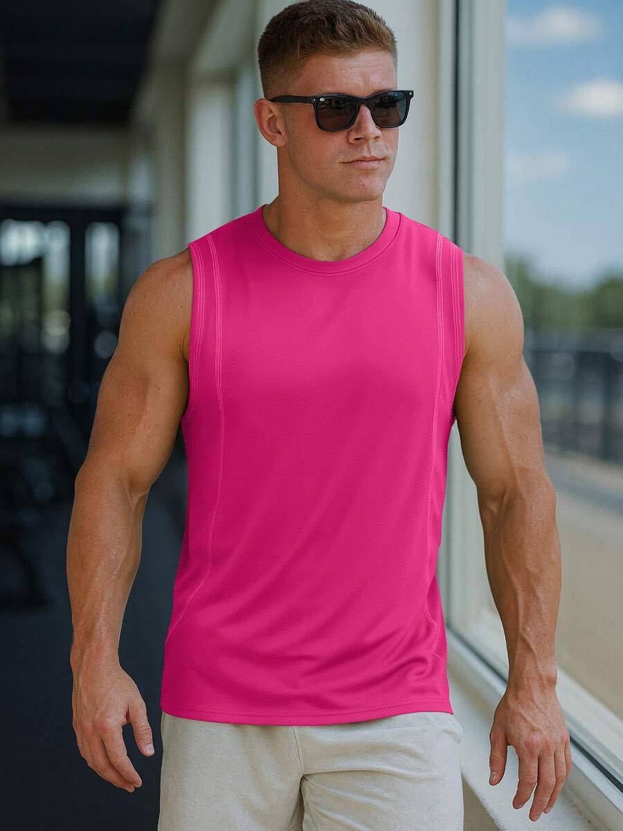 Muscle Man & Gym & Sleeveless Tank Top T-Shirt, Weightlifting Running Casual Wear Summer - Rose Red - View 1