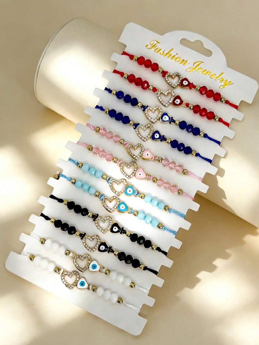 Este conjunto de pulsera multipieza con forma de corazón está equipado con colgantes con forma de corazón trenzados a mano, lo que lo convierte en un regalo ideal para mujeres como un conjunto de pulseras. - Corazón - Ver 1