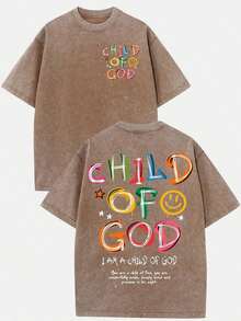 (230g T-Shirt)Men's Distressed Cotton "Child Of God" Colorful Graffiti Graphic Tee, Loose Casual Crewneck Short Sleeve T-Shirt, Retro Fun Religious Top, Comfortable All - Season WearNew Stylish T-Shirt - 咖啡棕 - 查看 1