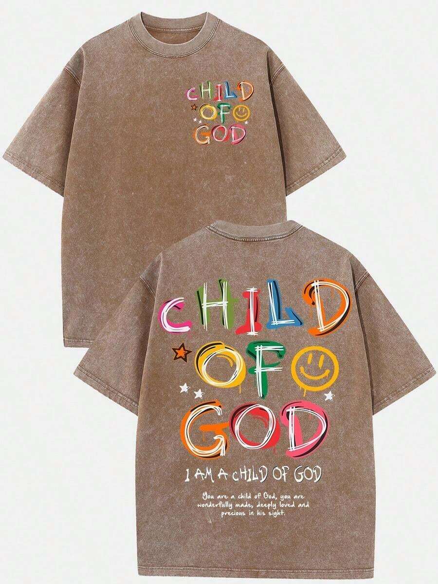 (230g T-Shirt)Men's Distressed Cotton "Child Of God" Colorful Graffiti Graphic Tee, Loose Casual Crewneck Short Sleeve T-Shirt, Retro Fun Religious Top, Comfortable All - Season WearNew Stylish T-Shirt - 咖啡棕 - 查看 1