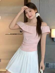 Y6Y 春季新款粉色露肩荷叶边修身女式衬衫 - 粉色 - 查看 4