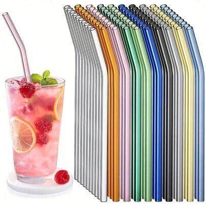 10pcs/Set Multi-Color Glass Bent Straws, Heat Resistant Reusable Straws For Coffee, Juice, Milk Tea, Office Portable Drink Straws, Cafe & Dessert Shop Commercial Straws, Luxury Aesthetic Drink Accessories, Suitable For Wedding Party, Birthday, Baby Shower, Holiday Celebration (Christmas, Valentine's Day)
