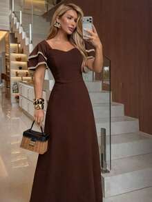 Elegant Women's Long Dress, Solid Color Wedding Party Dress, Puff Sleeves, Suitable For Work, Casual, Holidays, And More. - 鏽棕色 - 查看 3