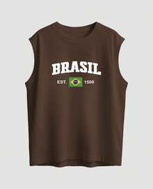 Oversized Tank Top With Brazil 1500 National Flag Print, Retro Style, Casual Urban Attitude, Comfort, Summer Fashion - 鏽棕色 - 查看 3