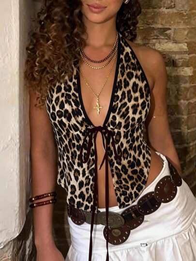 女士豹纹吊带背心，深V领前系带露背修身短款背心，适合夏季派对和夜店穿着