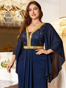 Đầm maxi dự tiệc trang trọng, cổ chữ V sâu, chất liệu chiffon đính sequin, ren, tay áo cánh bướm, phối ren vàng, xếp ly phía trước, vạt đuôi cá, phù hợp cho khách dự đám cưới, sinh nhật, lễ tốt nghiệp, tiệc gala và các dịp khác. Thanh lịch mùa xuân. - Màu xanh hải quân - Xem 8