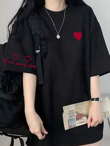 Japanese Style Women's Loose Round Neck Short Sleeve T-Shirt With Letter & Heart Print, Spring/Summer - Black - View 2
