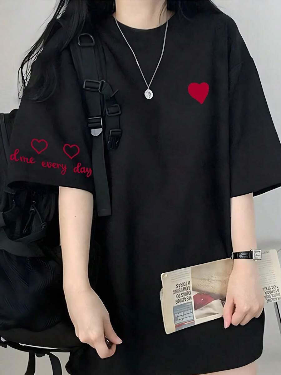 日系女式宽松圆领短袖T恤，字母爱心印花，春夏休闲黑色 - 黑色 - 查看 1