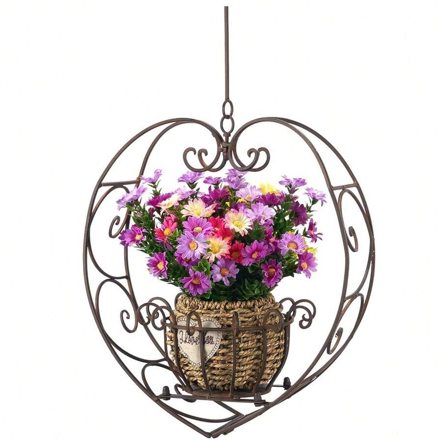 Hanging Plant Holder,Wrought Iron Heart Shape Plant Pot Holder, Indoor & Outdoor Hanging Planters Holder For Patio, Porch, Bedroom, Living Room(Raw Embroidery Color) - 鄉村棕色鄉村棕色 - 查看 1