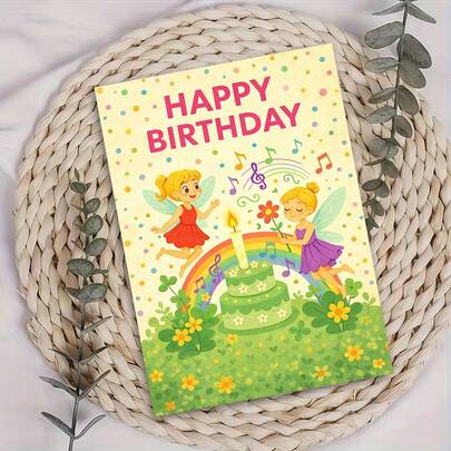 Magical Fairy Birthday Card – 'Happy Birthday' – Whimsical Fairies & Rainbow Cake Illustration – Enchanting Birthday Greeting For Little Girls, Daughters, Granddaughters – Includes Envelope – Perfect Gift For A Magical Birthday Celebration