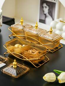 一套优雅琥珀香槟色塑料零食碗套装，带金色支架和盖子——非常适合盛放干果、坚果和派对食品 - 香檳色 - 查看 3