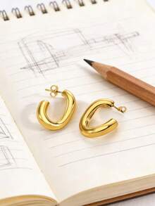一对镀金极简主义C形圆形优雅耳环 - 金色 - 查看 7