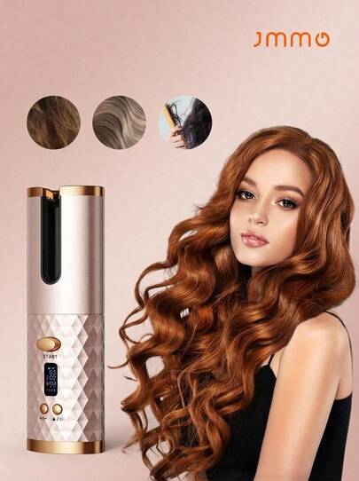 JMMO 自动卷发器，无线自动卷发器，陶瓷旋转卷发器，带 6 个温度和定时器，便携式可充电卷发棒，自动关机，快速加热造型器