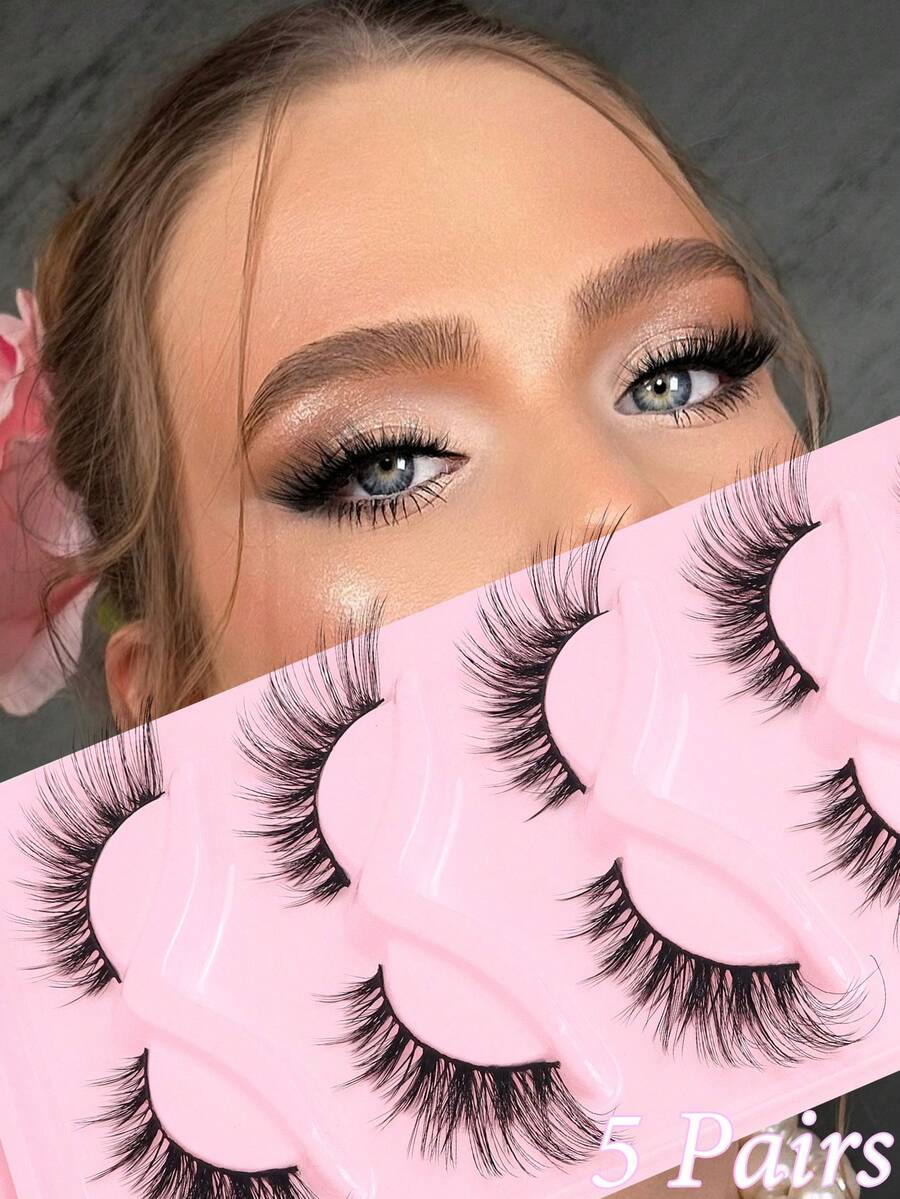 5 Pairs Fluffy Lashes False Lashes Black Stem Invisible Band Lashes Crisscross Curl Dog Eye Effect Faux Mink Lashes For Women - Doe-eyed Lashes - View 1