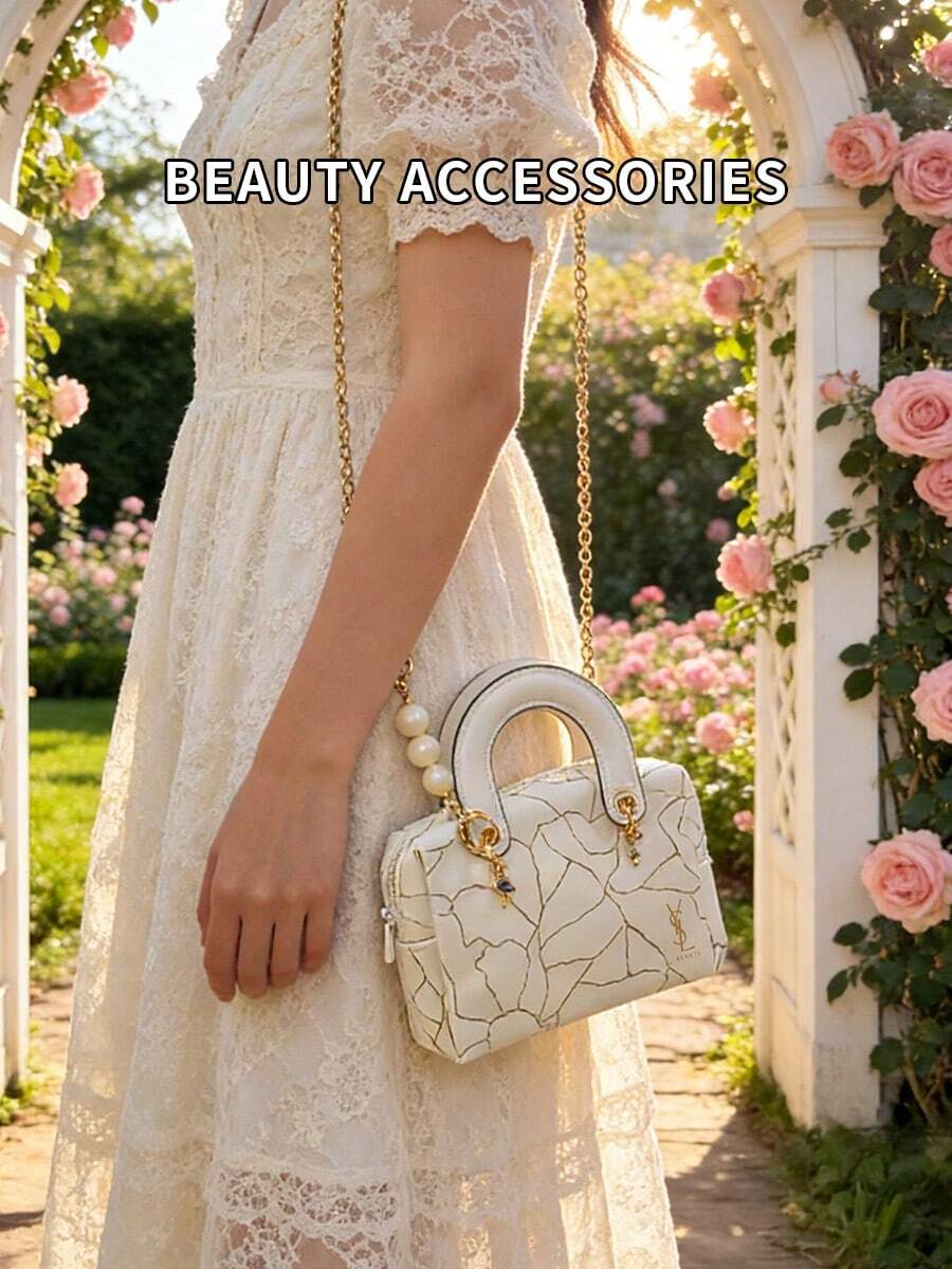 Elegant White Handbag With Gold Crackle Print And Pearl Star Pendant, Mini Shoulder Crossbody Bag, Suitable For Dates, Daily Wear, Parties And Weddings - White - View 1