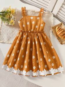 Vestido de niña con tirantes de margarita, volantes en los hombros, cintura elástica y dobladillo de encaje, fresco y dulce, para primavera/verano - Amarillo - Ver 1