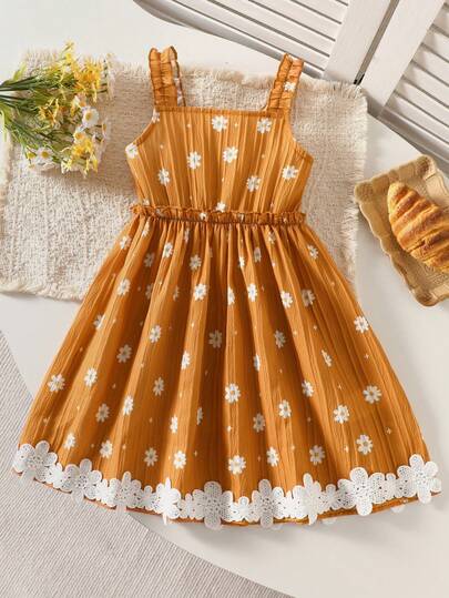 Vestido de niña con tirantes de margarita, volantes en los hombros, cintura elástica y dobladillo de encaje, fresco y dulce, para primavera/verano