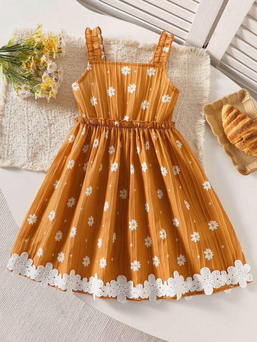 Vestido de niña con tirantes de margarita, volantes en los hombros, cintura elástica y dobladillo de encaje, fresco y dulce, para primavera/verano - Amarillo - Ver 1