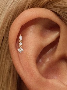 1Pc 925 Sterling Silver Classic Geometric Elements Cubic Zirconia Stud Earring Flat Back Cartilage Helix Piercing Suitable For Women'S Daily Wear, Parties, Wedding, And Banquet Occasions - Gold - View 6