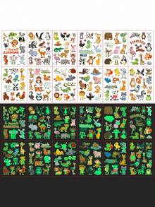 12 Sheets With 130 Animal-Themed Glow-In-The-Dark Tattoo Stickers, Featuring Luminous Temporary Tattoos With Cute And Fun Cartoon Designs Of Pandas, Penguins, Kangaroos, Rabbits, Tigers, Lions, And Giraffes. They Are Waterproof, Realistic - Multicolor - View 2
